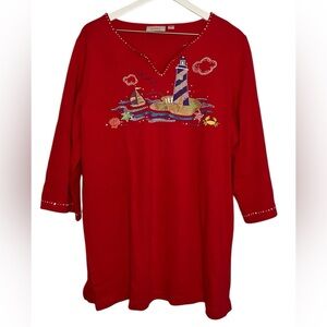 Quacker Factory Lighthouse Sailboat Beaded Blouse Nautical Red 1X